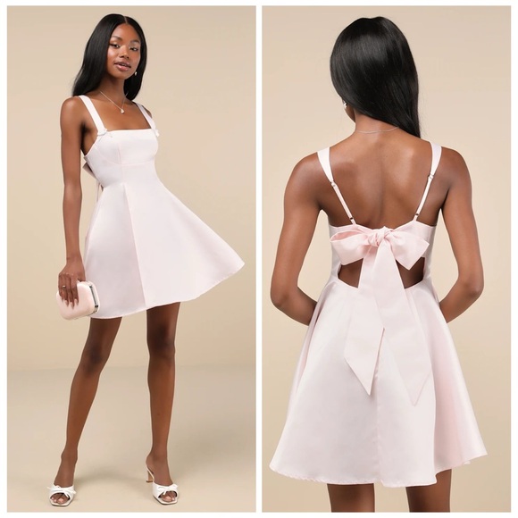Lulus Flawlessly Flirty Blush Pink Satin Tie-Back Skater Mini Dress Large NEW - Picture 1 of 10